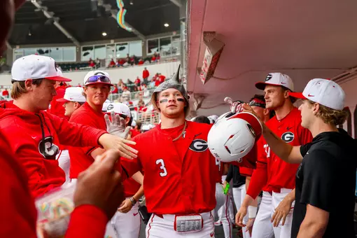 Georgia catcher and outfielder Daniel Jackson (3) during Georgia’s game against Troy at Foley Field in Athens, Ga., on Tuesday, April 28, 2026. (Sofia Yaker/UGAAA)