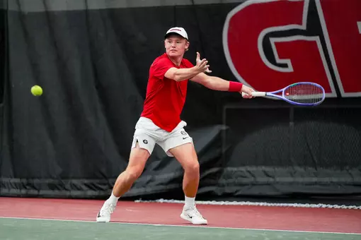 Georgia tennis player Noah Johnston during Georgia’s match against Arkansa in the Lindsey Hopkins Indoor at the Dan Magill Tennis Complex in Athens, Ga., on Sunday, March 15, 2026. (Tony Walsh/UGAAA)