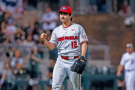 Georgia pitcher Caden Aoki (12) during Georgia’s game against Texas A&M at Blue Bell Park in College Station, Tx., on Friday, March 20, 2026. (Conor Dillon/UGAAA)