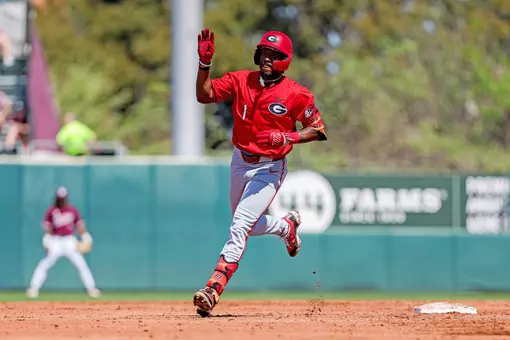 Georgia infielder and outfielder Tre Phelps (1) during Georgia’s game against Texas A&M at Blue Bell Park in College Station, Tx., on Saturday, March 21, 2026. (Conor Dillon/UGAAA)