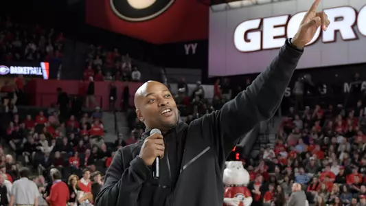 Jarvis Hayes addresses the crowd at Stegeman Coliseum.