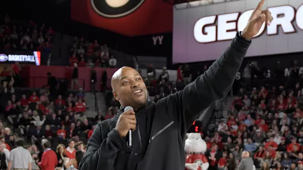 Jarvis Hayes addresses the crowd at Stegeman Coliseum.