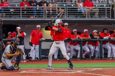 Georgia catcher and outfielder Daniel Jackson (3) during Georgia’s game against LSU at Foley Field in Athens, Ga., on Saturday, May 9, 2026. (Emil Madden/UGAAA)