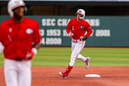 Georgia catcher and outfielder Daniel Jackson (3) during Georgia’s game against Troy at Foley Field in Athens, Ga., on Tuesday, April 28, 2026. (Sofia Yaker/UGAAA)