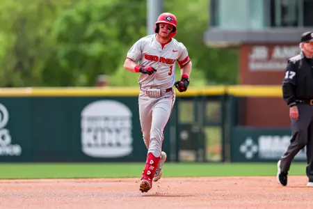 Georgia catcher and outfielder Daniel Jackson (3) during Georgia’s game against Arkansas at Baum-Walker Stadium in Fayetteville, Ar., on Saturday, April 18, 2026. (Conor Dillon/UGAAA)