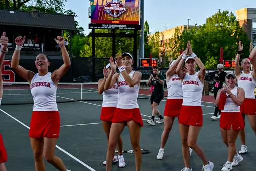Georgia tennis players after Georgia’s match against NC State in the 2026 DI Women’s Tennis Championship at the Dan Magill Tennis Complex in Athens, Ga., on Friday, May 15, 2026. (Sofia Yaker/UGAAA)