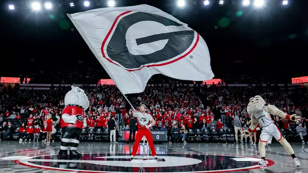 Basketball cheerleader before Georgia’s game against Arkansas at Stegeman Coliseum in Athens, Ga., on Saturday, Jan. 17, 2026. (Conor Dillon/UGAAA)