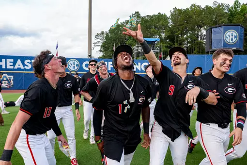 Georgia's baseball team celebrates after winning the SEC tournament at Hoover Met Stadium in Hoover, Al., on Sunday, May 24, 2026. (Conor Dillon/UGAAA)