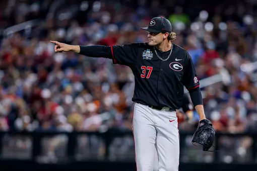 Pitcher Joey Volchko during Georgia’s game against Texas in the 2026 College World Series at Charles Schwab Field in Omaha, Ne., on Saturday, June 13, 2026. (Conor Dillon/UGAAA)