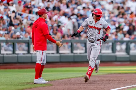 During Georgia’s game against Oklahoma in the 2026 College World Series at Charles Schwab Field in Omaha, Ne., on Monday, June 15, 2026. (Conor Dillon/UGAAA)