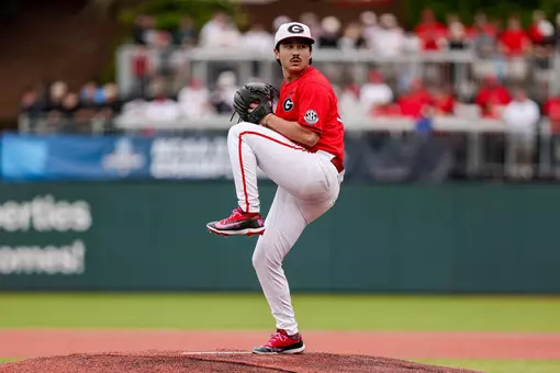 Georgia pitcher Caden Aoki (12) during Georgia’s game against Liberty in the 2026 DI Baseball Championship Athens Regional at Foley Field in Athens, Ga., on Sunday, May 31, 2026. (Conor Dillon/UGAAA)