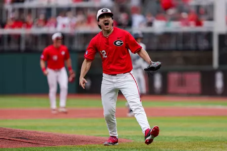 Georgia pitcher Caden Aoki (12) during Georgia’s game against Liberty in the 2026 DI Baseball Championship Athens Regional at Foley Field in Athens, Ga., on Sunday, May 31, 2026. (Conor Dillon/UGAAA)