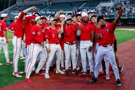 Team celebration after Georgia’s game against Liberty in the 2026 DI Baseball Championship Athens Regional at Foley Field in Athens, Ga., on Sunday, May 31, 2026. (Conor Dillon/UGAAA)