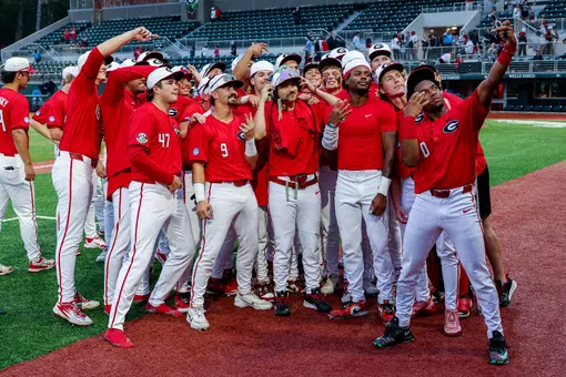 Team celebration after Georgia’s game against Liberty in the 2026 DI Baseball Championship Athens Regional at Foley Field in Athens, Ga., on Sunday, May 31, 2026. (Conor Dillon/UGAAA)