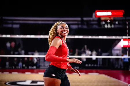 Georgia outside hitter Bianna Muoneke (13) after Georgia’s match against Auburn at Stegeman Coliseum in Athens, Ga., on Sunday, Nov. 2, 2025. (Esther Liao/UGAAA)