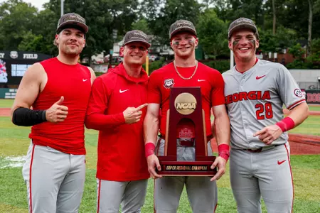 Georgia catcher and outfielder Jack Arcamone (7), Georgia assistant coach and recruiting coordinator Brock Bennett, Georgia catcher and outfielder Daniel Jackson (3), Georgia catcher and infielder Brennan Hudson (28) after Georgia’s game against Mississippi State in the 2026 DI Baseball Championship Athens Super Regional at Foley Field in Athens, Ga., on Sunday, June 7, 2026. (Conor Dillon/UGAAA)