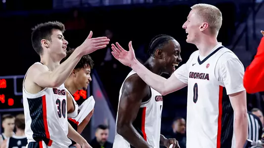 Georgia guard Brandon Klatsky (30), Georgia guard Blue Cain (0) after Georgia’s game against Bellarmine at Stegeman Coliseum in Athens, Ga., on Monday, Nov. 3, 2025. (Sofia Yaker/UGAAA)