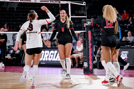 Georgia outside hitter Gigi Artiles (5) during Georgia’s match against Furman at Stegeman Coliseum in Athens, Ga., on Saturday, Aug. 29, 2026. (Sofia Yaker/UGAAA)