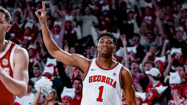 Georgia forward Kareem Stagg (1) during Georgia’s game against Texas at Stegeman Coliseum in Athens, Ga., on Saturday, Feb. 21, 2026. (Tony Walsh/UGAAA)
