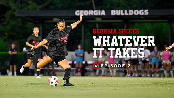 Georgia Soccer: Whaterver It Takes - Episode 2 thumbnail with Kiera Staude about to strike the ball.