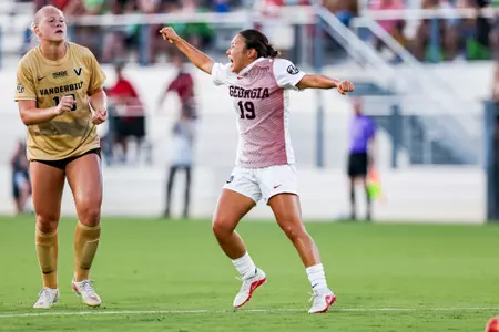 Georgia midfielder Honoka Hamano celebrates her goal against No. 2 Vanderbilt on Sept. 10, 2026 at the Turner Soccer Complex.