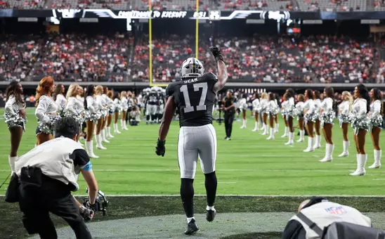 LAS VEGAS, NEVADA - AUGUST 27: Nakobe Dean #17 of the Las Vegas Raiders is introduced before a preseason game against the San Francisco 49ers at Allegiant Stadium on August 27, 2026 in Las Vegas, Nevada. The 49ers defeated the Raiders 18-12. (Photo by Ethan Miller/Getty Images)