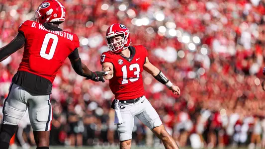 Georgia quarterback Stetson Bennett (13) during a game against Vanderbilt on Dooley Field at Sanford Stadium in Athens, Ga., on Saturday, Oct. 15, 2022. (Photo by Tony Walsh)