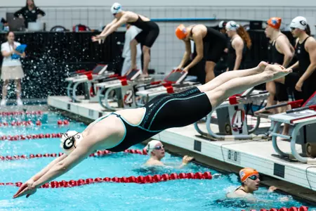A Georgia women's swimmer enters the pool during a race against Tennessee on Jan. 23, 2026.