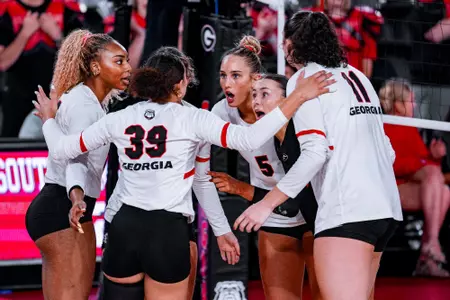 Georgia outside hitter Bianna Muoneke (13), Georgia outside hitter Gigi Artiles (5), Georgia libero and outside hitter Ana Julia Bleeker (9) during Georgia’s match against South Carolina at Stegeman Coliseum in Athens, Ga., on Wednesday, Sept. 23, 2026. (Tony Walsh/UGAAA)