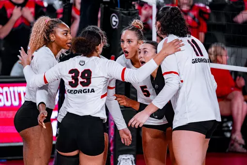 Georgia outside hitter Bianna Muoneke (13), Georgia outside hitter Gigi Artiles (5), Georgia libero and outside hitter Ana Julia Bleeker (9) during Georgia’s match against South Carolina at Stegeman Coliseum in Athens, Ga., on Wednesday, Sept. 23, 2026. (Tony Walsh/UGAAA)
