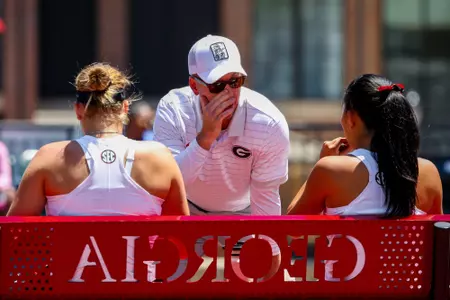 Georgia associate head coach Jarryd Chaplin during Georgia’s match against Charlotte in the 2026 DI Women’s Tennis Championship at the Dan Magill Tennis Complex in Athens, Ga., on Sunday, May 3, 2026. (Sofia Yaker/UGAAA)