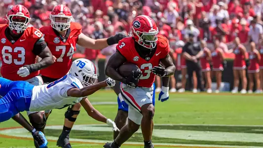 Sep 5, 2026; Athens, Georgia, USA; Georgia Bulldogs running back Nate Frazier (3) on his way to a touchdown during the first quarter at Sanford Stadium. Mandatory Credit: Dale Zanine-Imagn Images