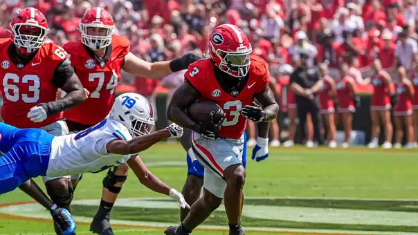 Sep 5, 2026; Athens, Georgia, USA; Georgia Bulldogs running back Nate Frazier (3) on his way to a touchdown during the first quarter at Sanford Stadium. Mandatory Credit: Dale Zanine-Imagn Images