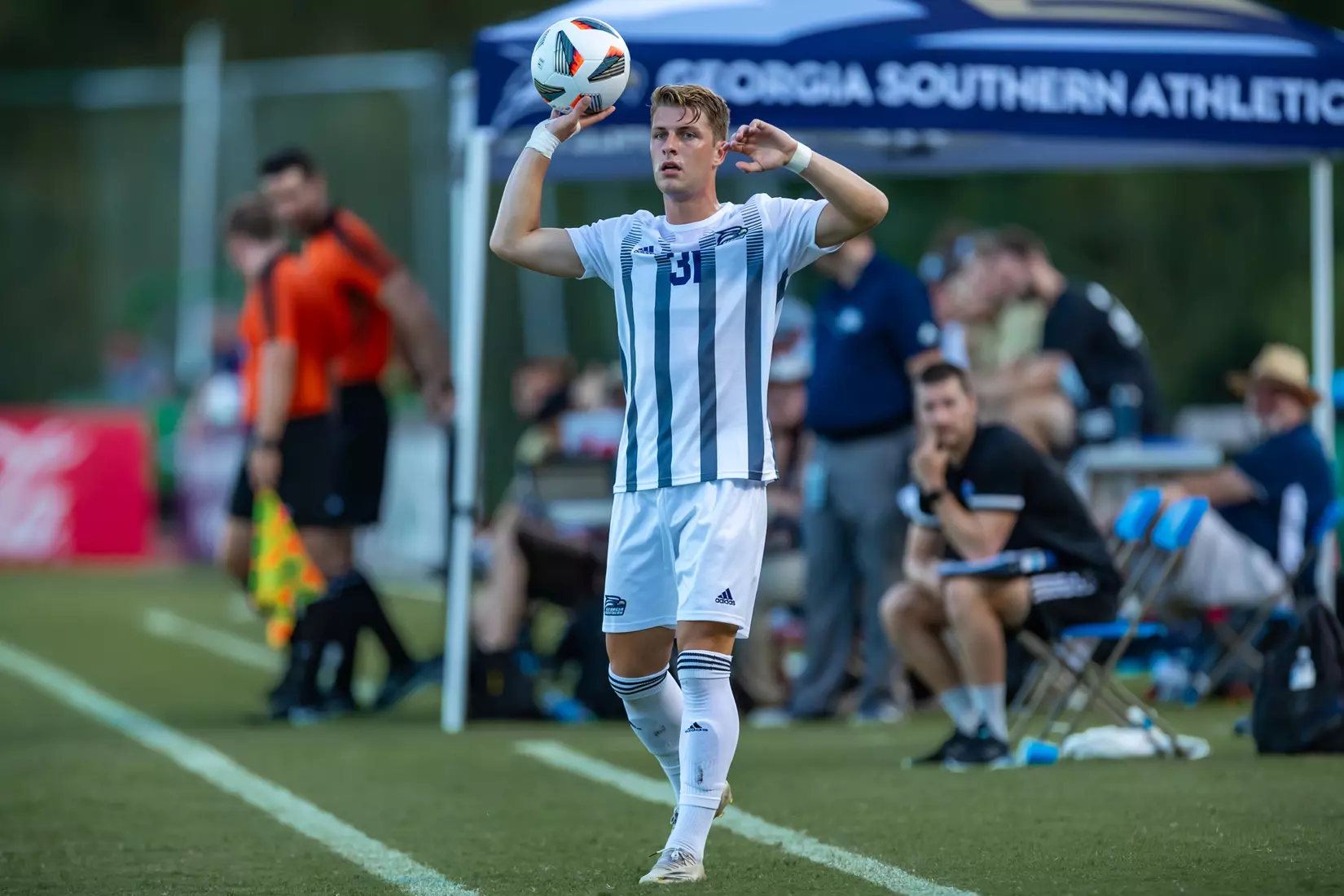 STATESBORO, GEORGIA - AUGUST 26: Georgia Southern Eagles Men’s Soccer faces Presbyterian College Blue Hose on Eagle Field at the Erk Russell Athletic Park on August 26, 2021 in Statesboro, Georgia.