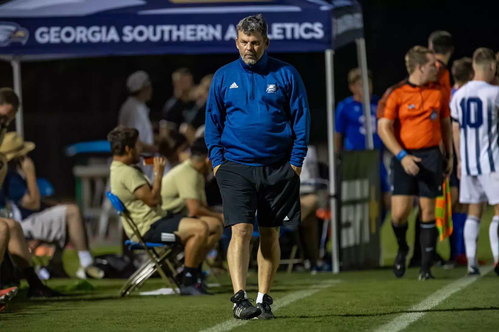 STATESBORO, GEORGIA - AUGUST 26: Georgia Southern Eagles Men’s Soccer faces Presbyterian College Blue Hose on Eagle Field at the Erk Russell Athletic Park on August 26, 2021 in Statesboro, Georgia.