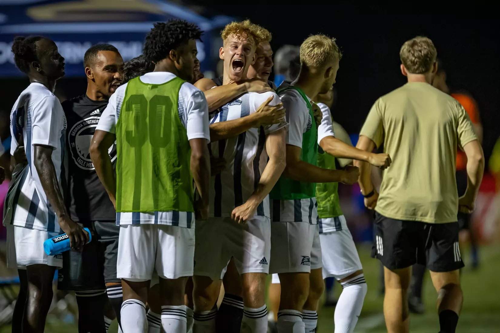 STATESBORO, GEORGIA - AUGUST 26: Georgia Southern Eagles Men’s Soccer faces Presbyterian College Blue Hose on Eagle Field at the Erk Russell Athletic Park on August 26, 2021 in Statesboro, Georgia.