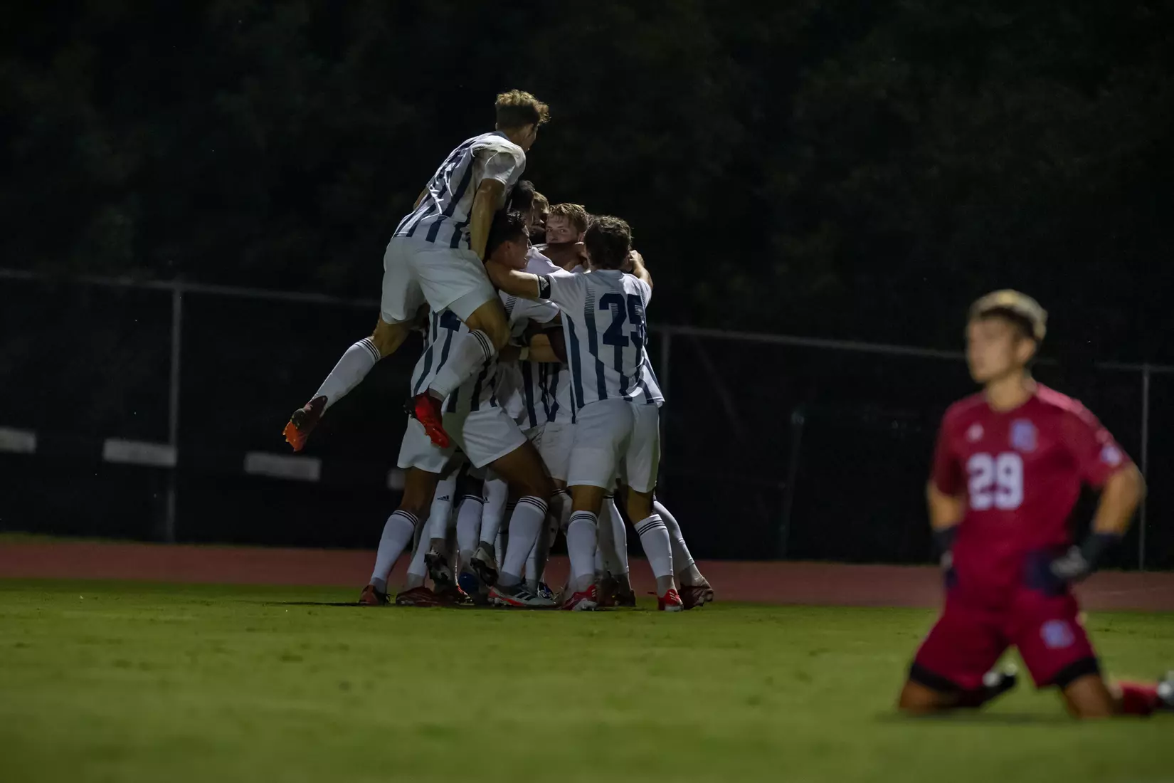 STATESBORO, GEORGIA - AUGUST 26: Georgia Southern Eagles Men’s Soccer faces Presbyterian College Blue Hose on Eagle Field at the Erk Russell Athletic Park on August 26, 2021 in Statesboro, Georgia.