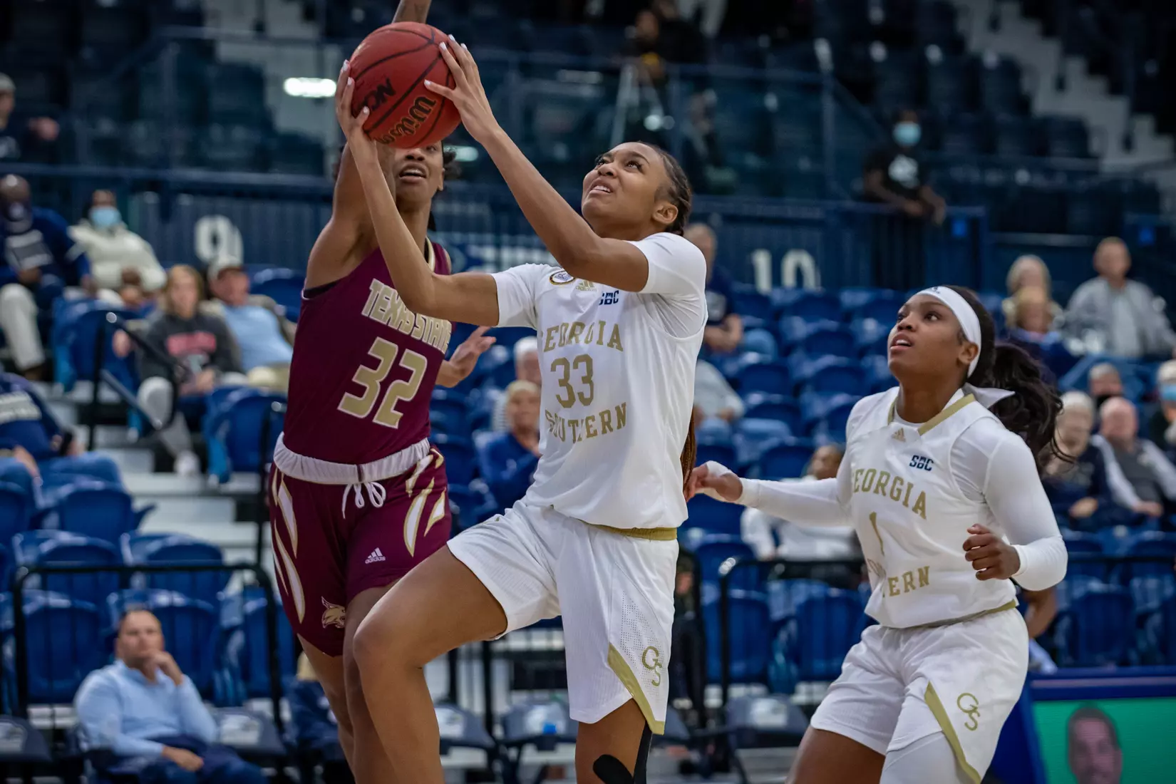 STATESBORO, GEORGIA - JANUARY 13: Georgia Southern Women’s Basketball faces the Texas State Bobcats at Hanner Fieldhouse on January 13, 2022 in Statesboro, Georgia