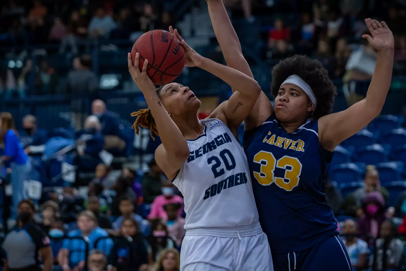 STATESBORO, GEORGIA - DECEMBER 13: Georgia Southern Women’s Basketball faces the Carver College Cougars at Hanner Fieldhouse on December 13, 2021 in Statesboro, Georgia