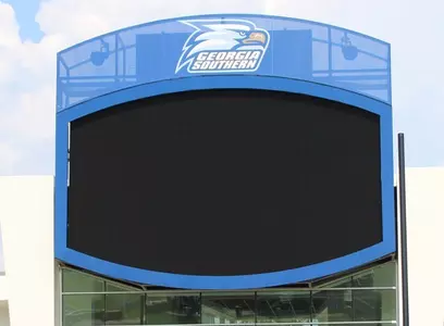 Close up of videoboard and sound system