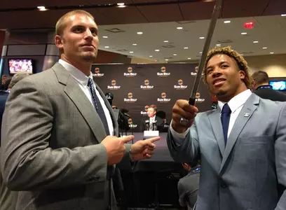 Garrett Frye, Coach Fritz and Edwin Jackson at Sun Belt Media Day