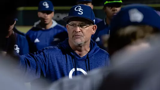 Rodney Hennon talks to the team after Georgia Southern defeats Georgia at SRP Park in North Augusta, S.C.