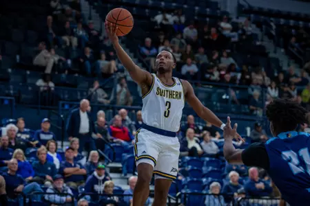 STATESBORO, GEORGIA - NOVEMBER 16: Georgia Southern Men’s Basketball faces Bob Jones University inside Hanner Fieldhouse on November 16, 2021 in Statesboro, Georgia