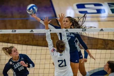 STATESBORO, GEORGIA - AUGUST 15: Georgia Southern Volleyball plays its 2021 Blue-White Game at Hanner Fieldhouse on August 15, 2021 in Statesboro, Georgia.