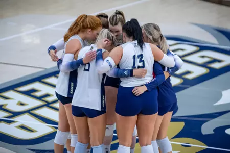 Georgia Southern team huddle during the NCAA womenâ??s volleyball game between Georgia Southern and Stetson at Hanner Fieldhouse on August 26, 2022 in Statesboro, Georgia. (Photograph by AJ Henderson / Georgia Southern Athletics