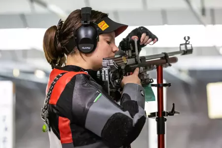 Georgia Southern student-athlete Addy Burrow during the NCAA rifle match between Georgia Southern, Georgia Military and North Georgia at Shooting Sports Education Center on October 15, 2022 in Statesboro, Georgia. (Photograph by AJ Henderson / Georgia Southern Athletics)