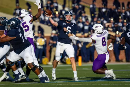 Georgia Southern Eagles quarterback Kyle Vantrease (6) during the first half of the NCAA football game between Georgia Southern and James Madison at Allen E. Paulson Stadium on October 15, 2022 in Statesboro, Georgia. (Photograph by AJ Henderson/ Georgia Southern Athletics)