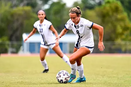 Georgia Southern midfielder Ellie McIntyre (8) during the NCAA womenâ??s soccer match between Georgia Southern and Arkansas State at Eagle Field at the Erk Russell Athletic Park on October 2, 2022 in Statesboro, Georgia. (Photograph by Rob Davis / Georgia Southern Athletics)