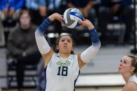 Georgia Southern setter Kirsten Barrett (18) during the NCAA women’s volleyball game between Georgia Southern and James Madison at Hanner Fieldhouse on October 29, 2022 in Statesboro, Georgia. (Photograph by AJ Henderson / Georgia Southern Athletics)