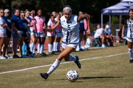 Georgia Southern midfielder Olivia Durham (5) during the NCAA womenâ??s soccer match between Georgia Southern and James Madison at Eagle Field at the Erk Russell Athletic Park on October 23, 2022 in Statesboro, Georgia. (Photograph by AJ Henderson / Georgia Southern Athletics)